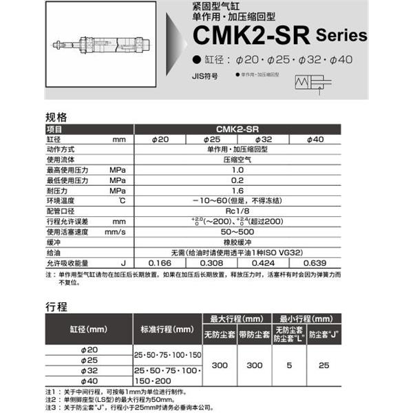 CKD喜開理緊固型氣缸 CMK2-SR-LB-25-100-T0H-R-JI